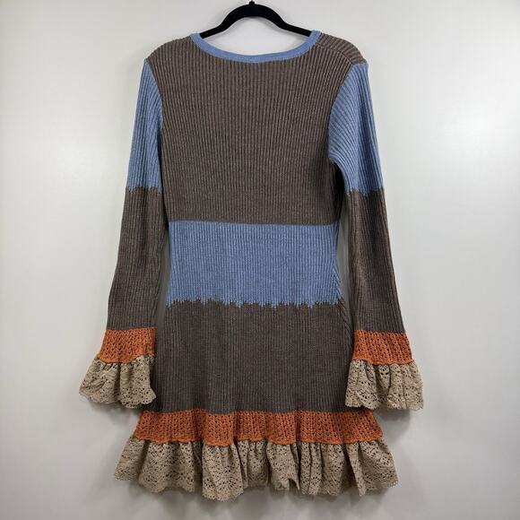 Bohemian Yohers New Colorblock Knit Crochet Ruffle Lace Trim Mini Dress Large - Picture 14 of 15